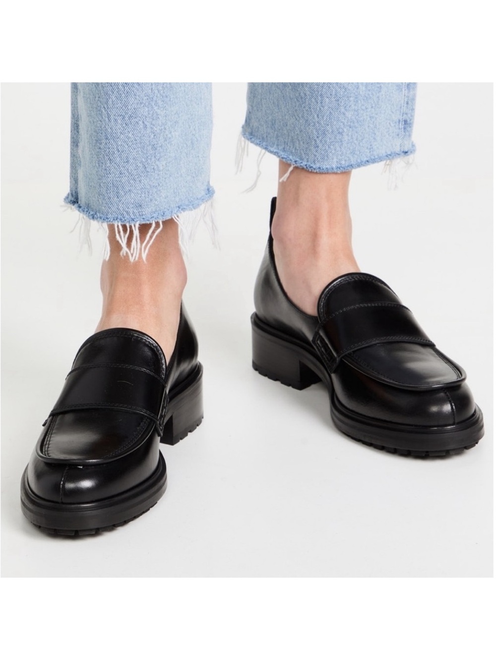 AEYDE Black Leather Platform Penny Loafers - Women's